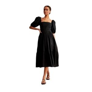 Abercrombie & Fitch Ruched Puff Sleeve Poplin Midi Dress